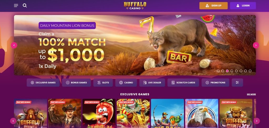 Buffalo Casino mobile-friendly layout with featured slots and table game icons