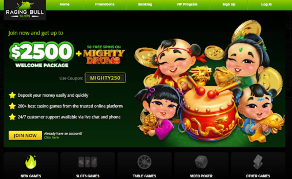 Raging Bull Casino interface showcasing slot titles and live dealer game options.