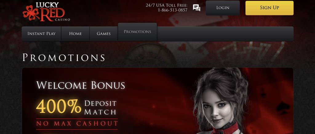 Lucky Red Casino welcome screen with bonus offer and game categories